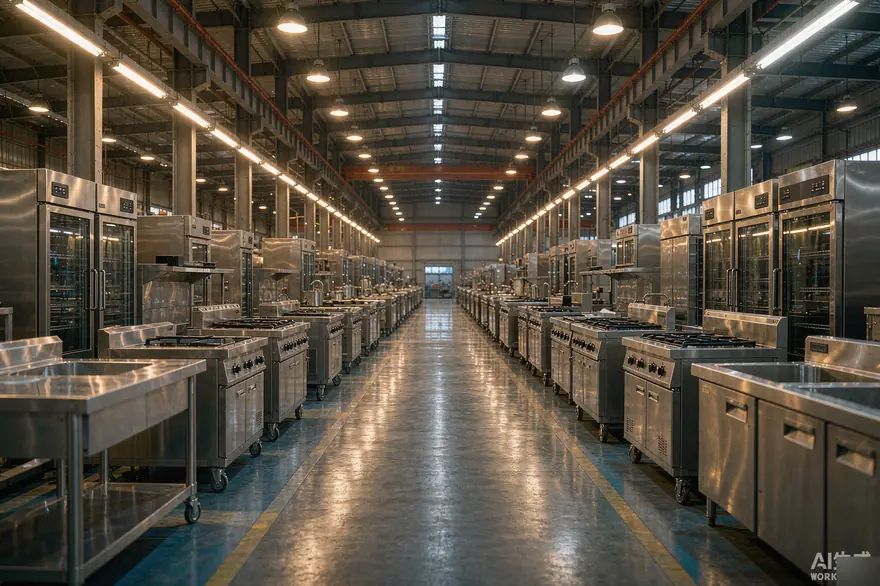 Rows of stainless steel commercial kitchen equipment lined up on the production floor of our Shenzhen manufacturing facility