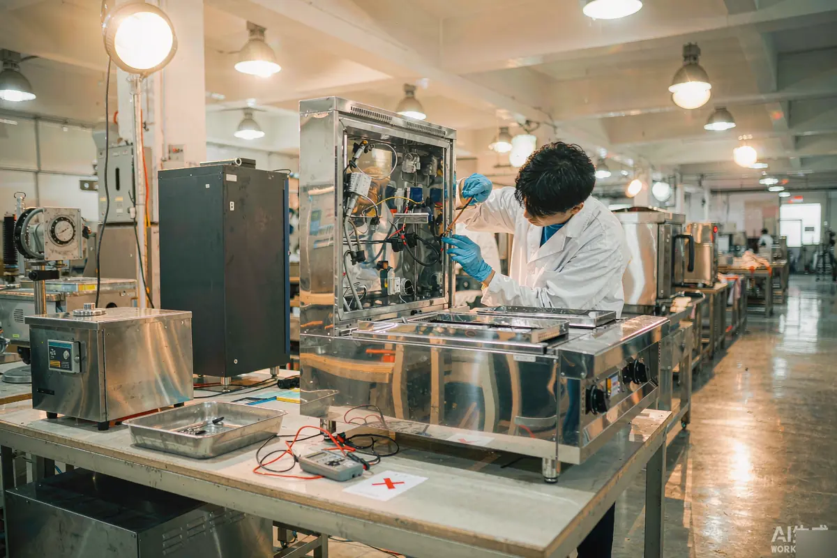 Quality-control engineer inspecting stainless steel commercial kitchen equipment on the assembly bench at our Shenzhen plant